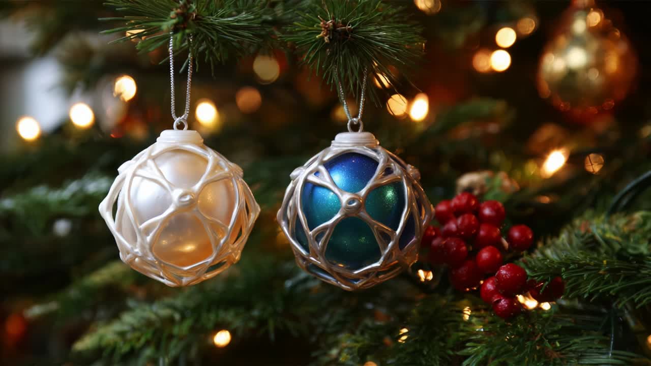 Festive Reflections: A Close-Up of Shimmering Christmas Ornaments Glimmering on a Verdant Pine Tree, Surrounded by Glowing Lights and Red Berries, Capturing the Spirit of Holiday Cheer and Celebration