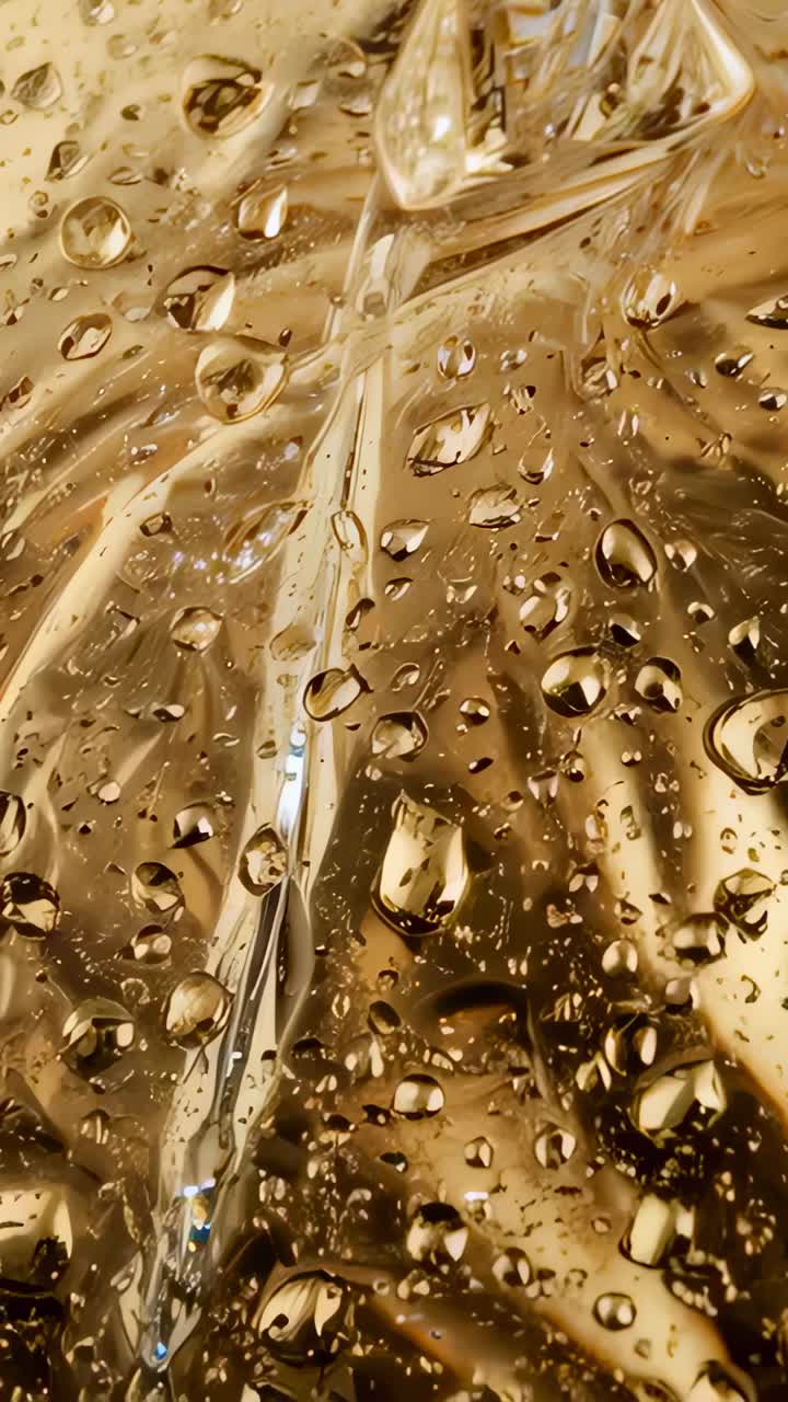Video verticale: cambio di cam che mostra la piega di un foglio d'oro con goccioline su un tavolo macro, variazione della luminosità