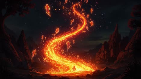 a vibrant flow of lava illuminating the night sky: a mystical journey of ethereal spirits dancing among flames in a dramatic landscape