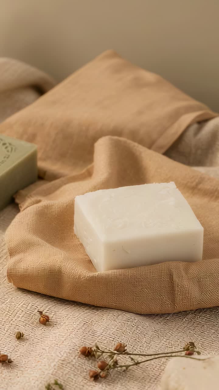 Video verticale: Ricomposizione della camera di una saponetta bianca su un panno beige, con rametti e sapone verde in evidenza