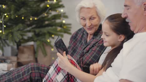 happy grandparents with their little granddaughter sitting on sofa and taking a video call on christmas morning