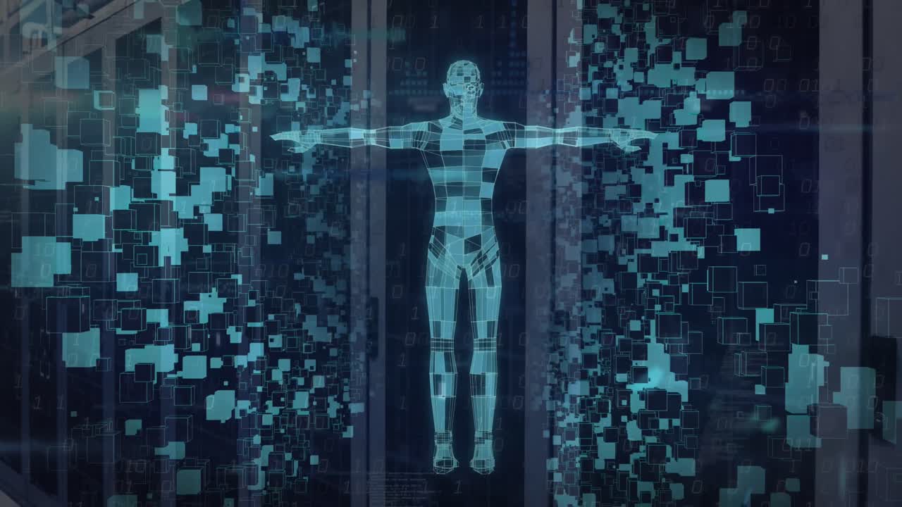 Animation of shapes and digital human over server room