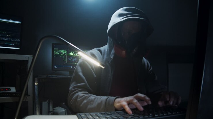 Bio-terrorista digita codice informatico indossando una maschera antigas
