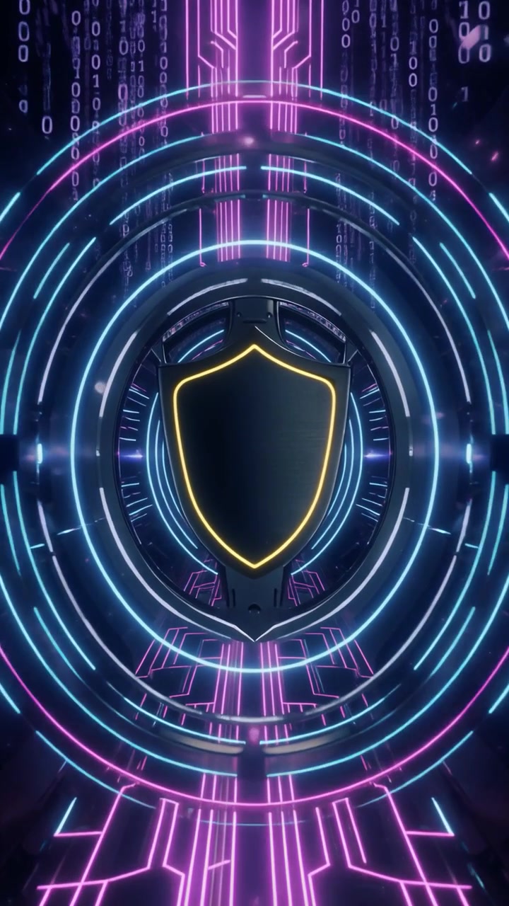 Cybersecurity Shield Icon with Glowing Digital Data Streams