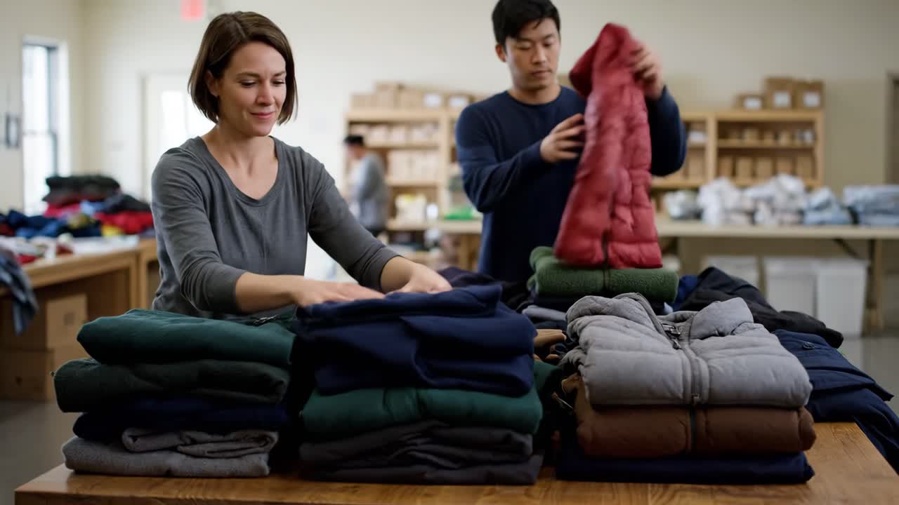 People folding clothes on a table