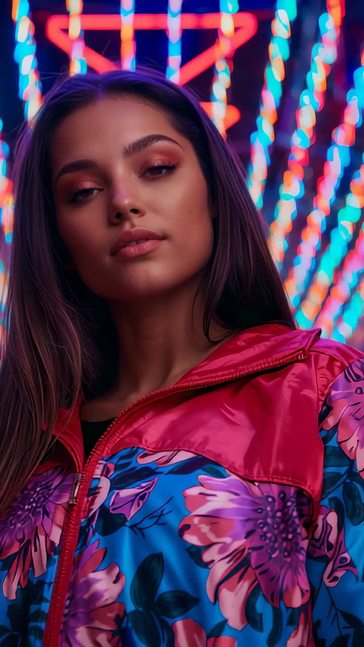Vertical video: Opening eyes, model standing in floral jacket and leggings as neon corridor unfolds