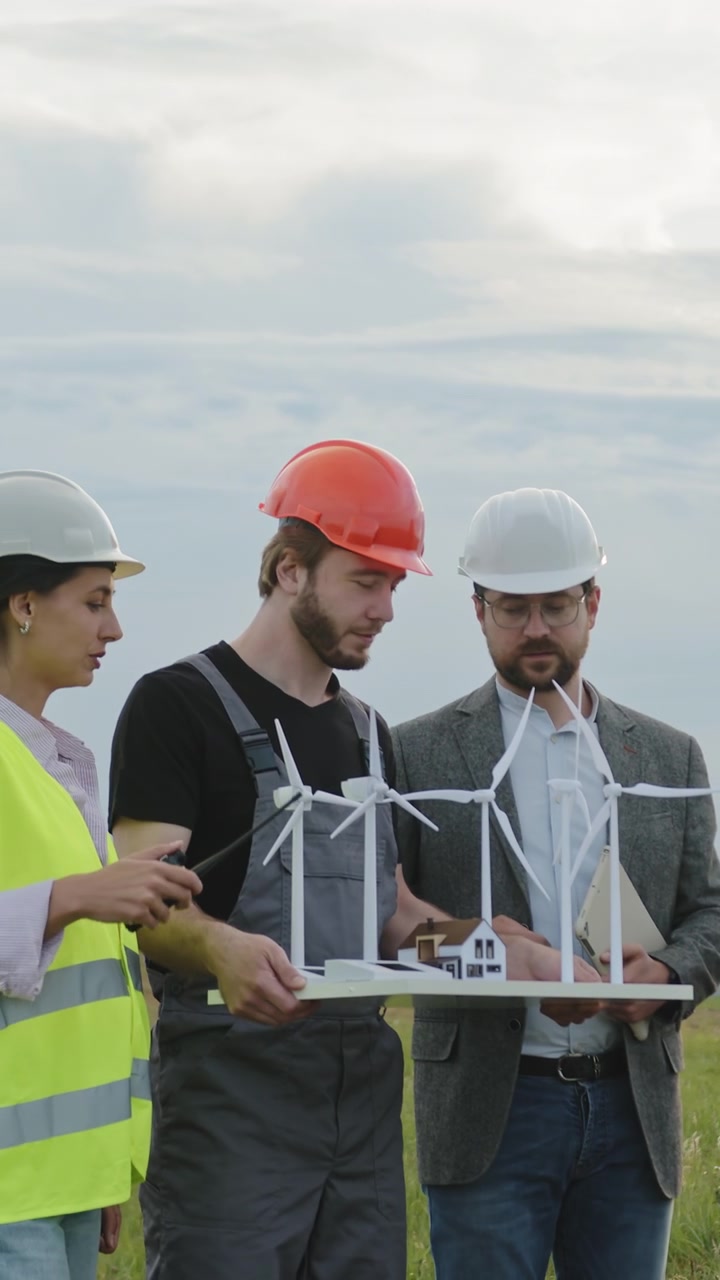 Engineers in hard hats and safety vests review a model of wind turbines and a house in a field
