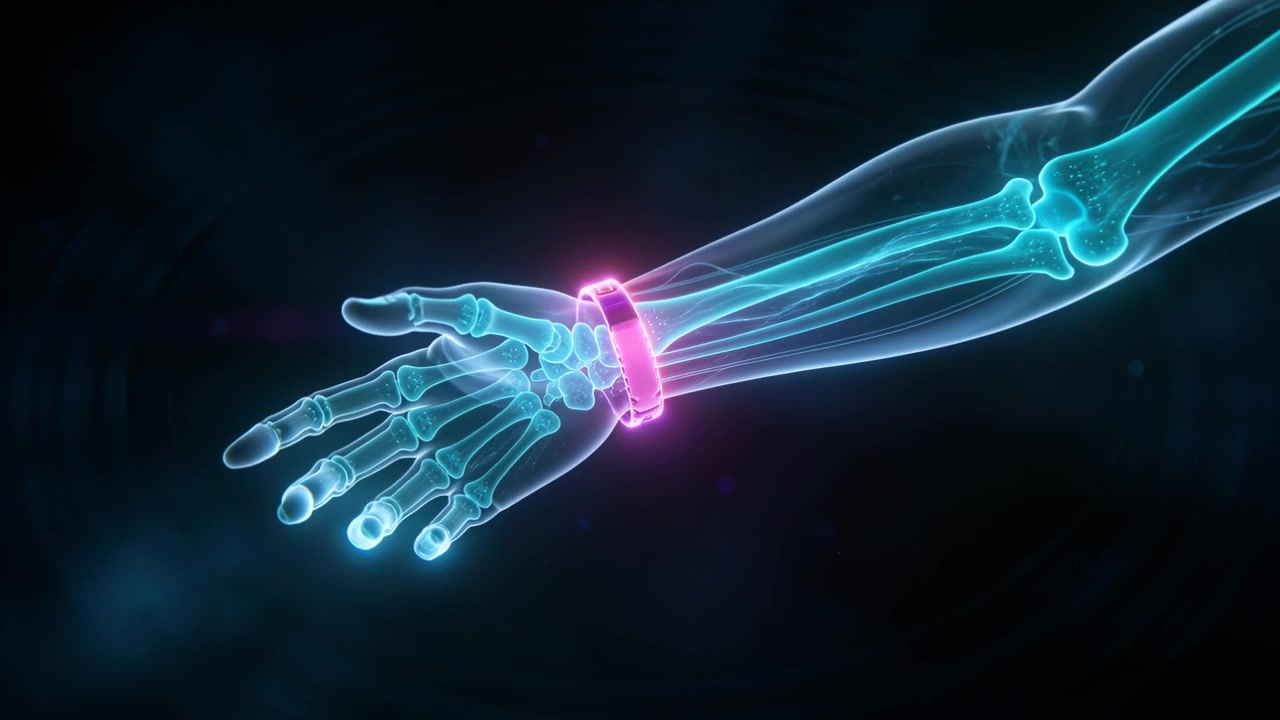 Pulserende magenta bånd igangsætter en roterende cyan underarm, der afslører knogler, og åbner hånden i et mørkt studie.