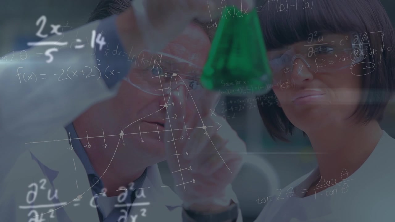 Animation af matematiske ligninger over forskellige forskere i et laboratoriemiljø med bylandskab.