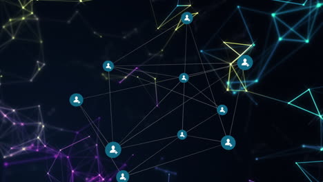 animation of network of connections with digital icons floating over geometric figures