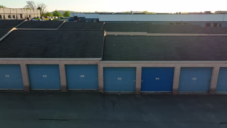 self storage rental unit building. aerial truck shot for storing personal property on month to month lease rent.