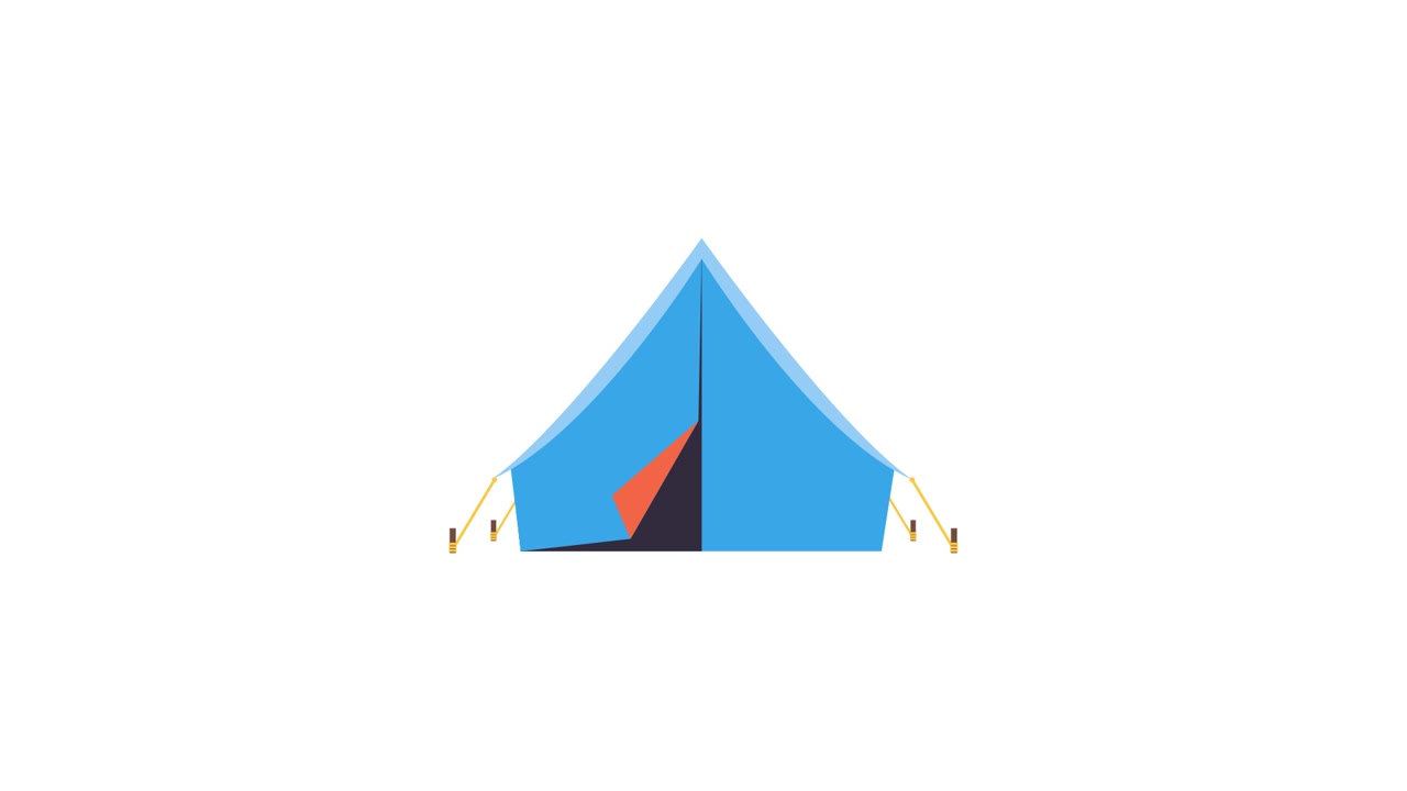 Animazione 2D di una tenda da campeggio blu che si monta e si smonta