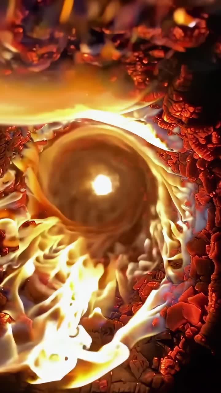 Un'ipnotizzante vista video dall'alto di fiamme e braci vorticanti in un motivo a vortice.