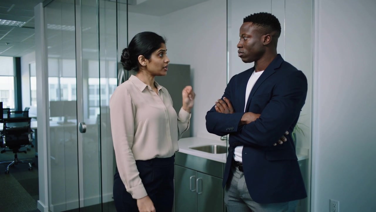 Walking woman in beige blouse starting deadline talk with man in navy blazer at office kitchenette