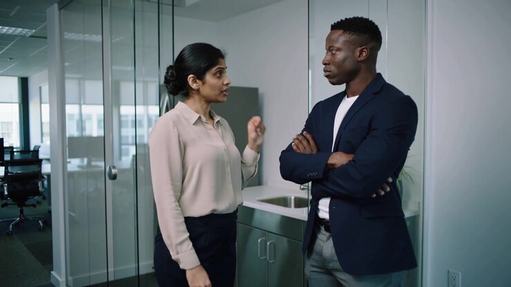 Walking woman in beige blouse starting deadline talk with man in navy blazer at office kitchenette
