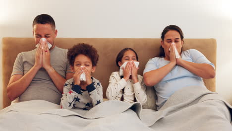 sick, bed and family blowing their nose