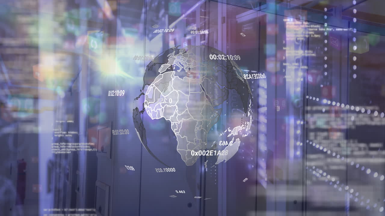 Animation of spinning globe, data processing and spots of light against computer server room