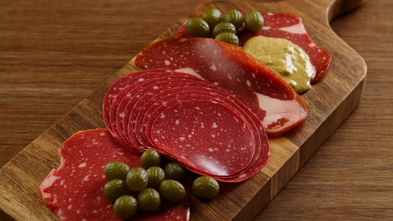 Gourmet Charcuterie Board Salami Olives Mustard, Arranged On Wooden Board With Sliced Salami And Green Olives,