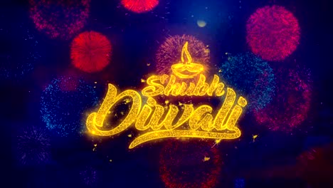 shubh feliz diwali fuegos artificiales texto de saludo texto partículas de brillo en fuegos artificiales de colores