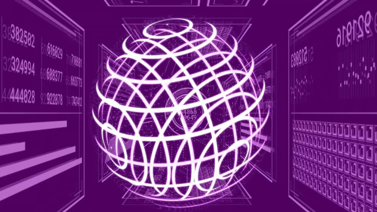 Animation of globe and data processing over purple background