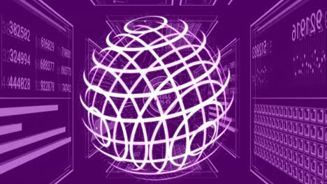 animación del globo y procesamiento de datos sobre fondo púrpura