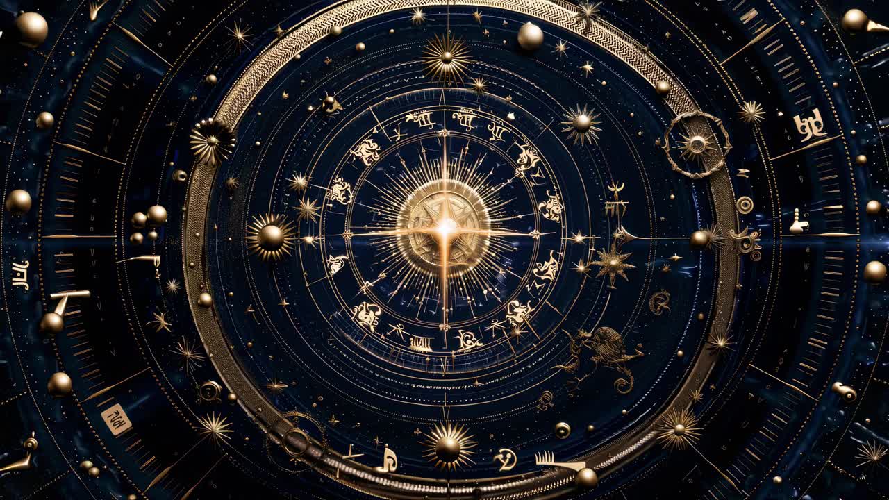 Mystical Golden Clockwork with Rotating Zodiac Signs and Stars