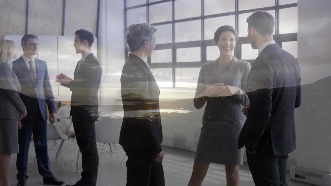 카우카스계 사업가들이 풍경에 대해 이야기하는 애니메이션