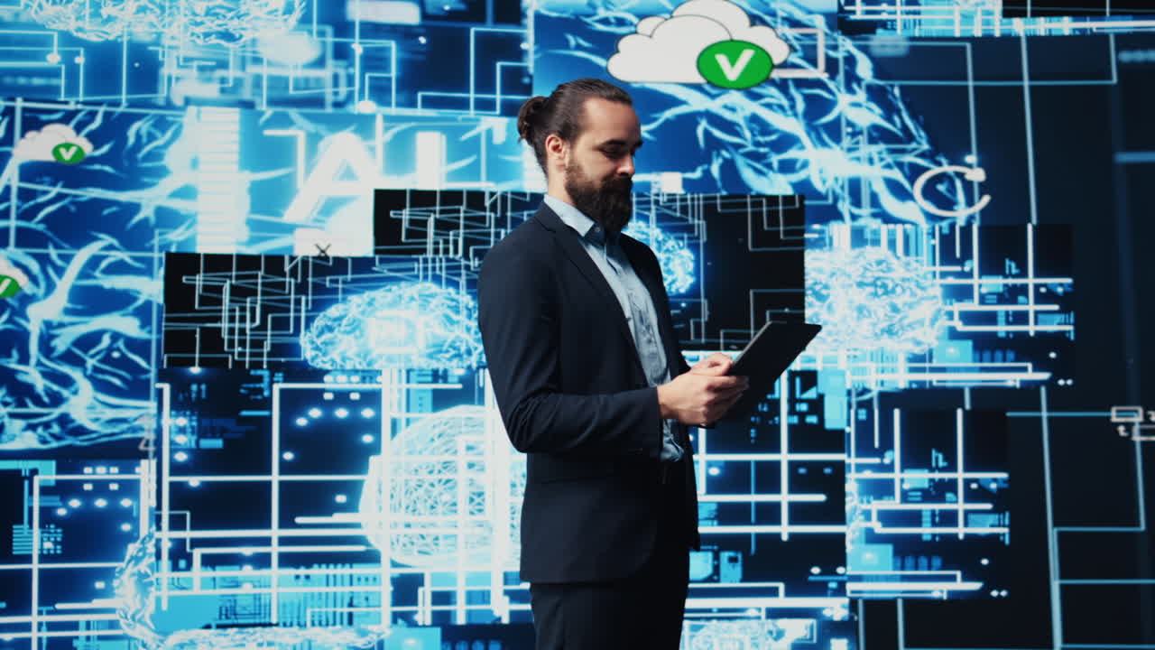 Entrepreneur uses laptop to review artificial intelligence brain system