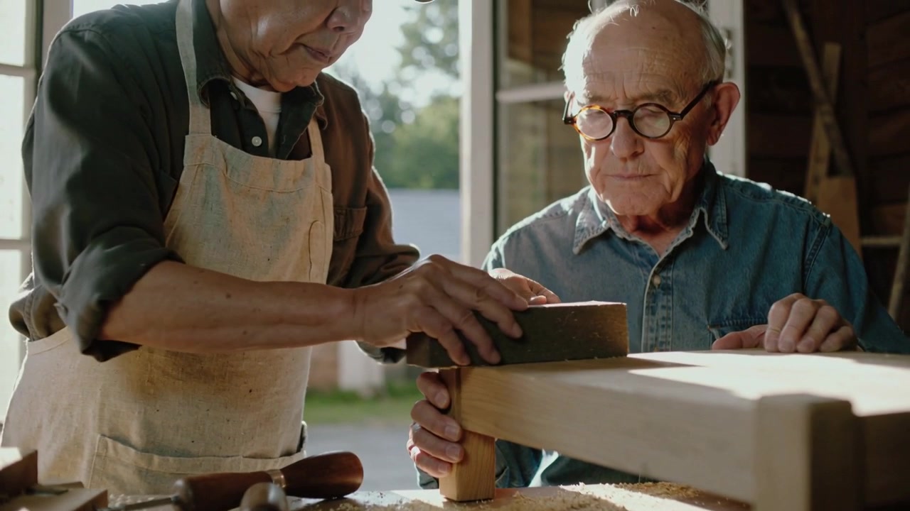 Reaching for sanding block senior in apron sanding benchtop in sunlit shop colleague holding leg
