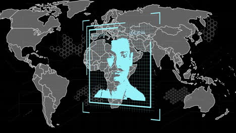 animación del procesamiento de datos sobre personas iconos y mapa del mundo