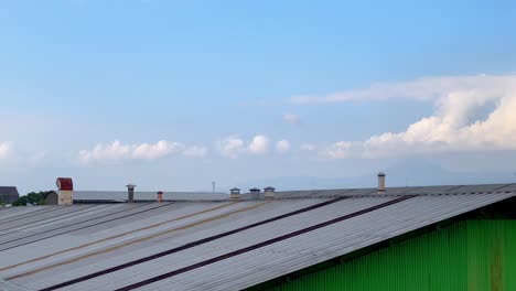 industrial chimneys on the roof of factory building with blue sky