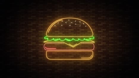 neon burger sign flickering on a brick wall.