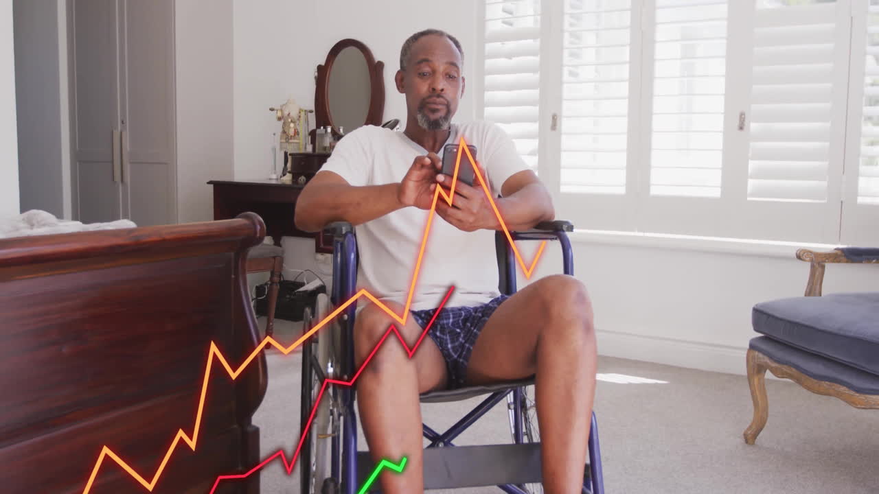 Using smartphone, man in wheelchair analyzing financial graph lines animation