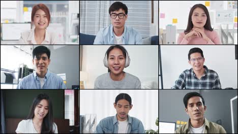 group of young asian business people, office coworker on video online conference call, remote team meeting. work from home, internet communication technology, coronavirus social distancing lifestyle