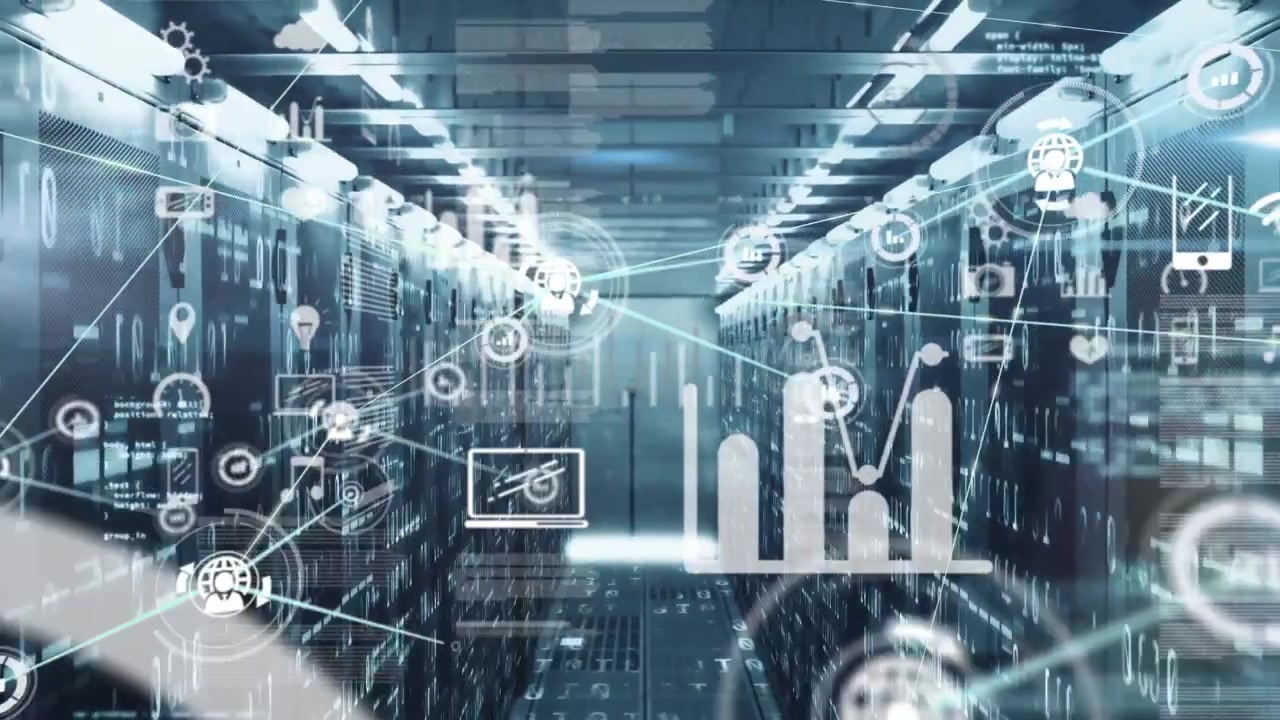 Animation of network of connections with icons and data processing over computer servers