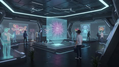 exploring virtual realities: an immersive experience in a futuristic exhibition hall featuring holographic displays and engaged participants in vr headsets