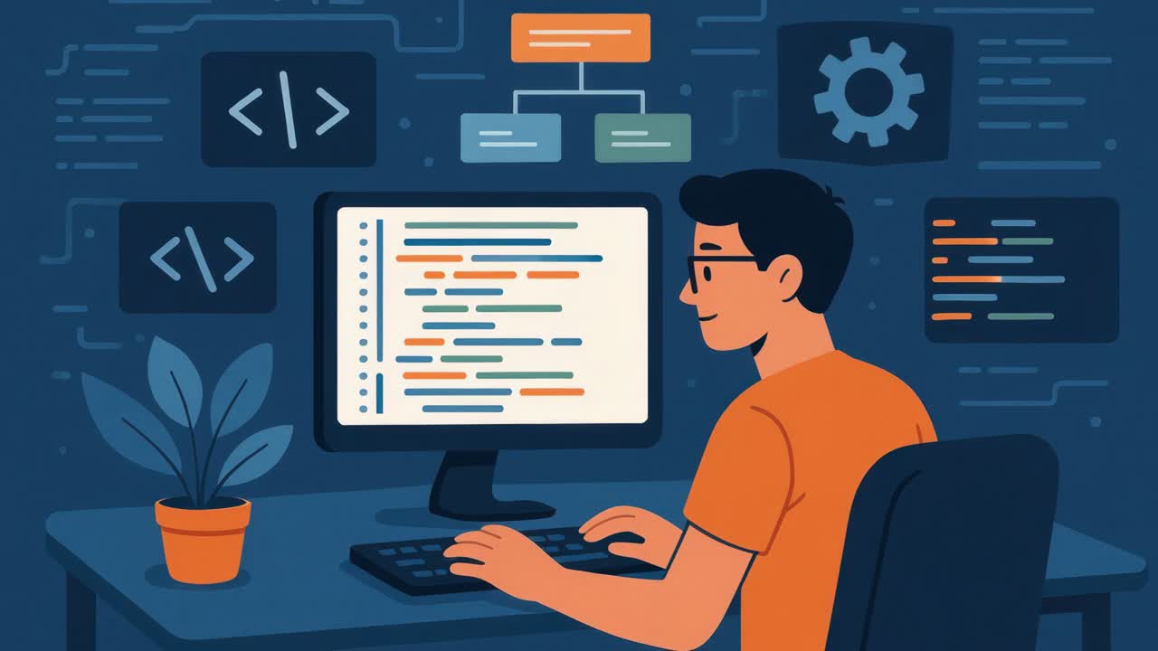 Illustration of a programmer at a desk, coding on a computer. Side angle view, vibrant colors. Ideal