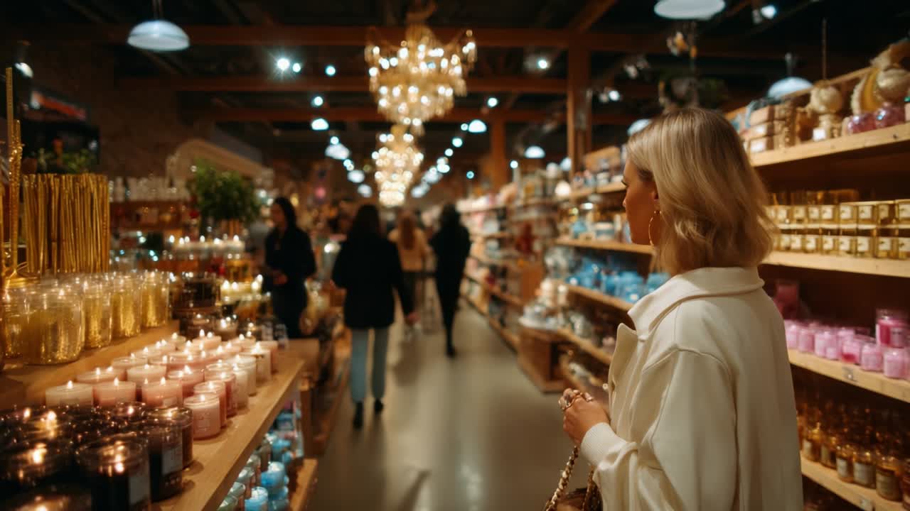 Exploring a Magical Candle Store: Strolling Through A Cozy Aisle Filled with Aromatic Candles, Sparkling Chandeliers, and Charming Decor, Creating An Enchanting Atmosphere for Shoppers and Lookers Alike