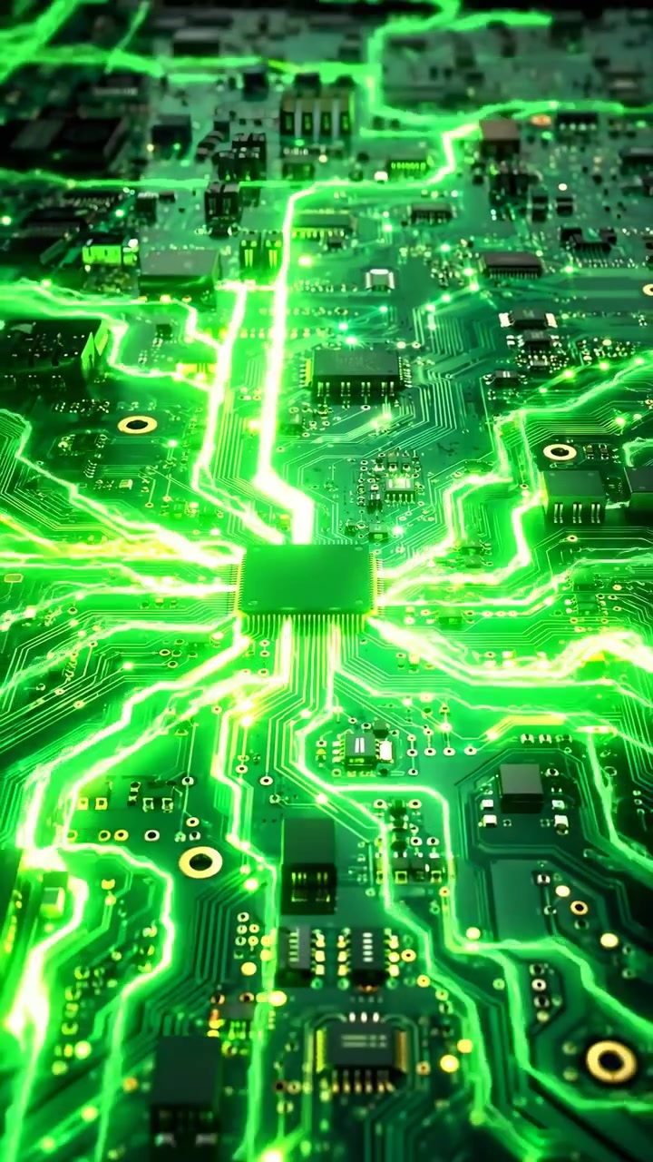 Close view reveals bright green illuminated lines branching around dark chips, solder points, and patterned board details while perspective shifts gently across dense circuitry.