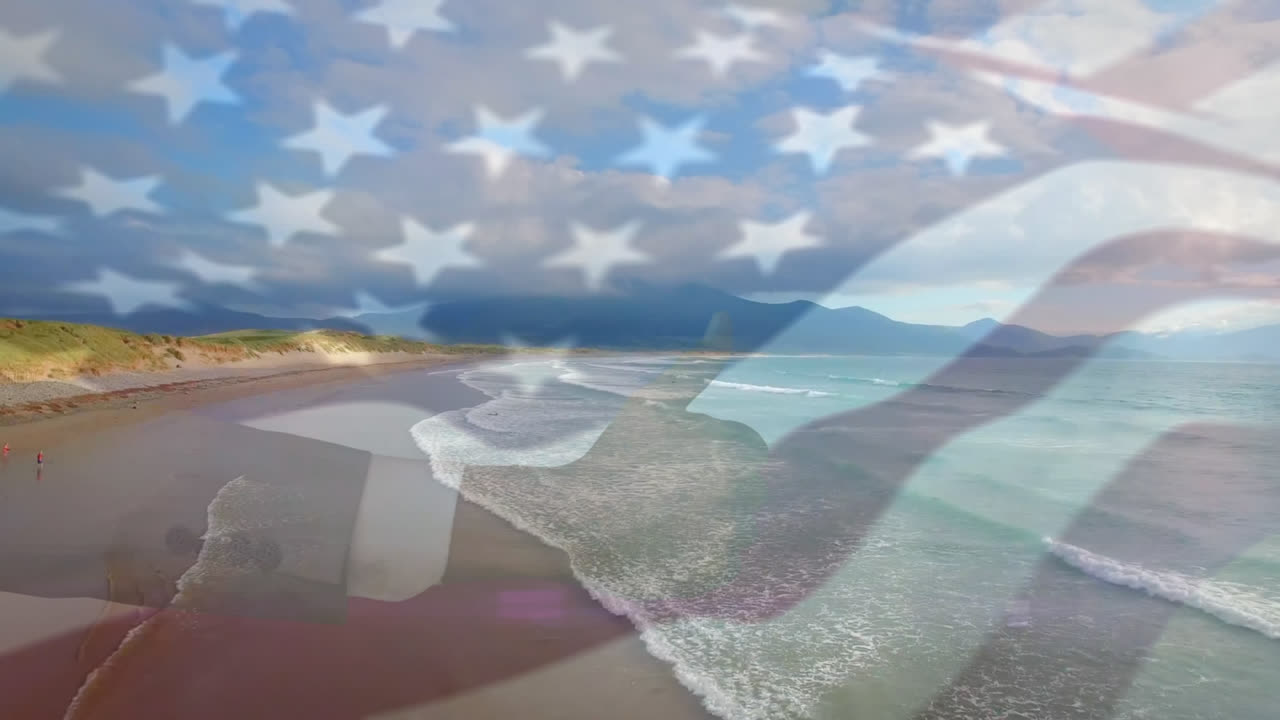 미국 국기가 바다 풍경 위에서 날아다니는 애니메이션