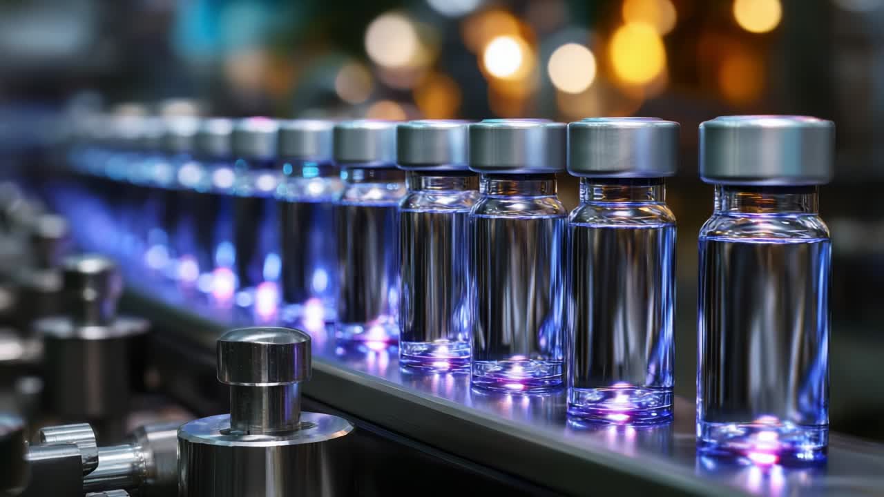 Een rij glazen flesjes op een productielijn, verlicht met zachtblauw licht in een fabriek, die de moderne benadering van farmaceutische verpakkingen en presentatietechnieken benadrukt