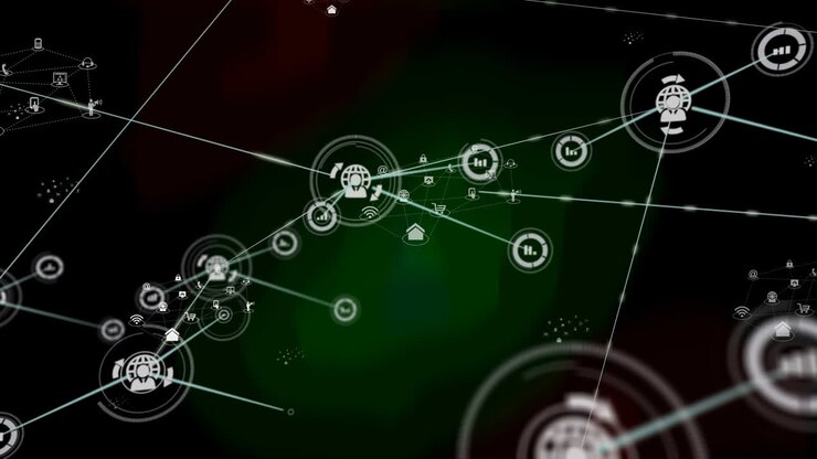 Animation of network of connections over icons on black background