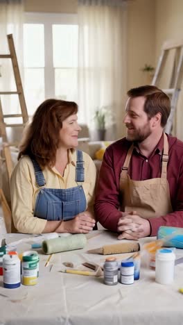 adult couple paint together a wall in their apartment.