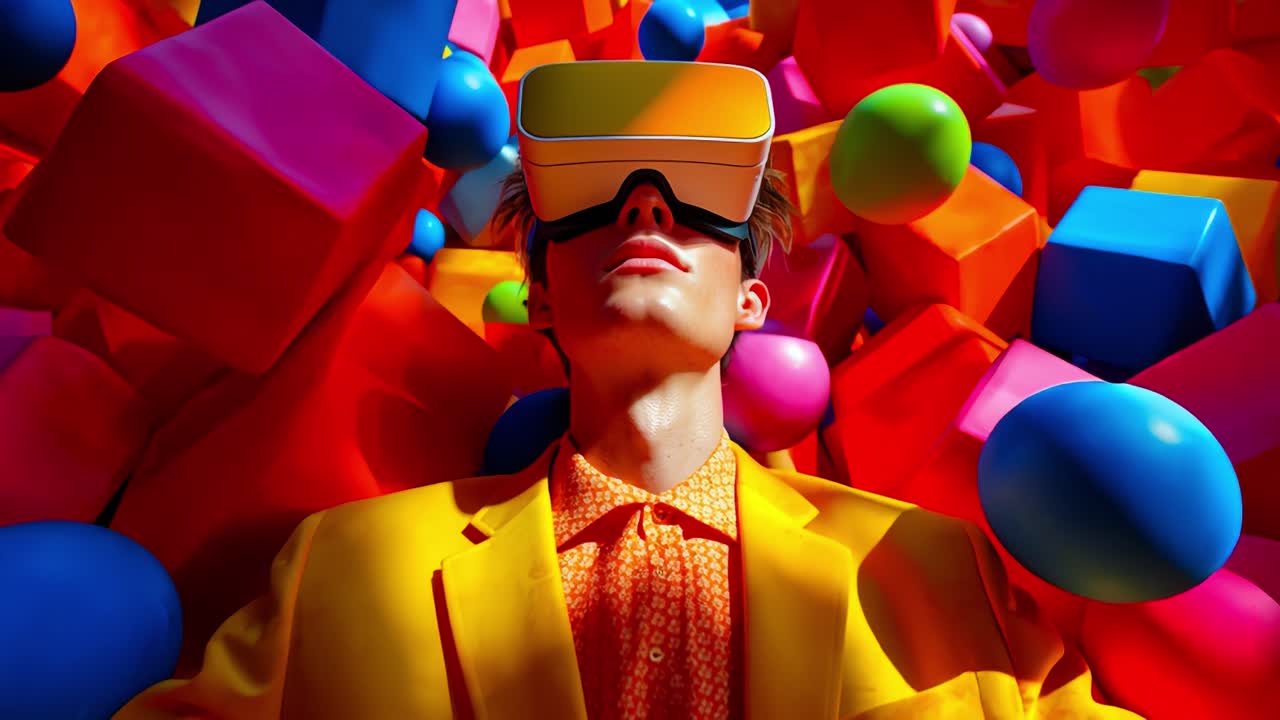 Immersive Virtual Reality Experience: A Colorful Journey Through Bold Shapes and Bright Colors with a User Engaged in VR Technology Surrounded by Vibrant Geometric Forms