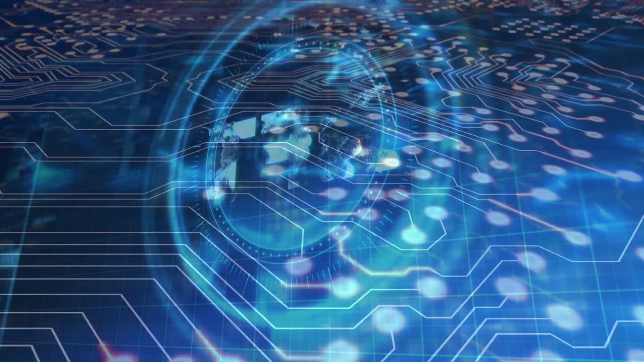 Animation of nft text, data processing and scope with computer circuit board