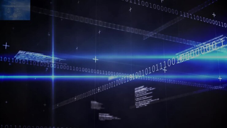 Animation of lines, code and data processing on black background