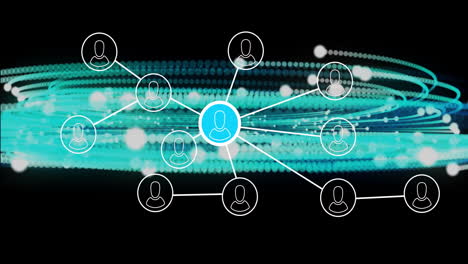 Animation-of-network-of-connections-with-icons-over-green-glowing-mesh