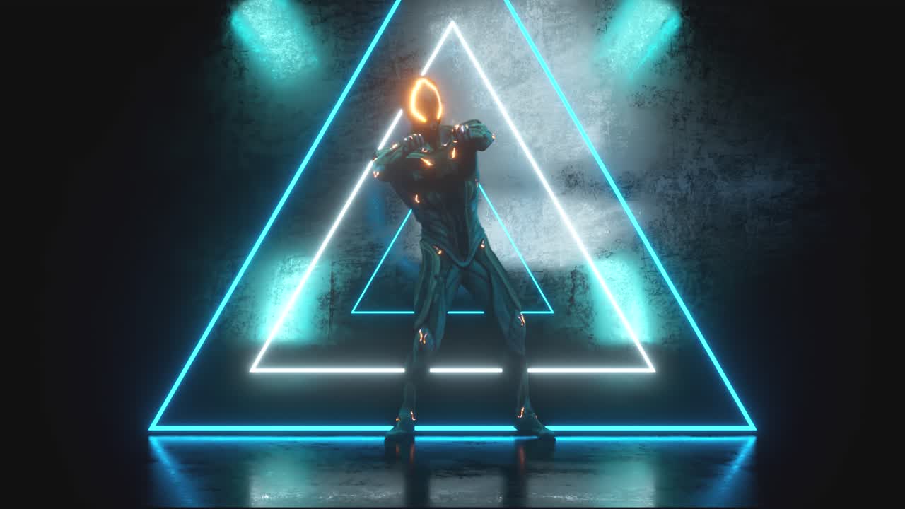 el robot cyberpunk baila en triángulos de neón