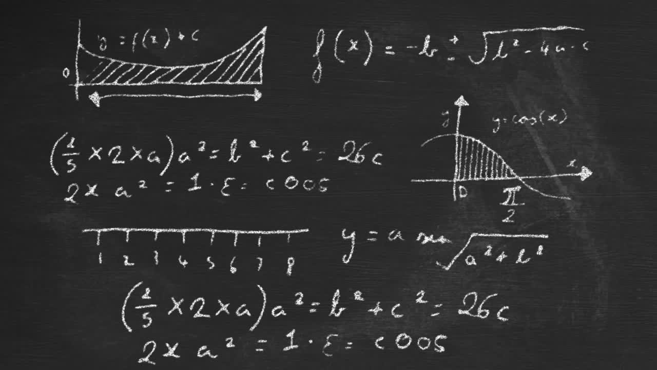 Animation of mathematical formulae moving on black chalkboard background