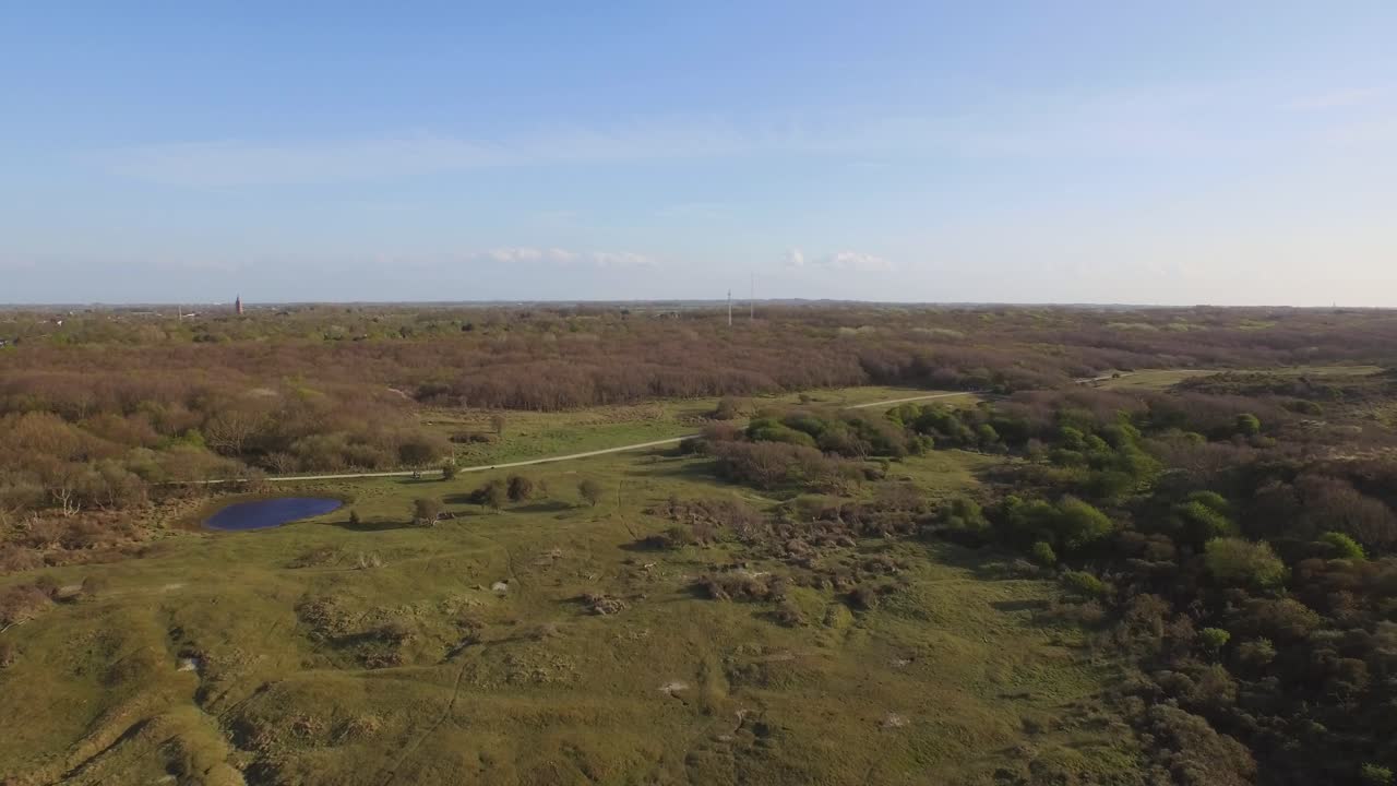 Aerial view of a landscape with trees and fields